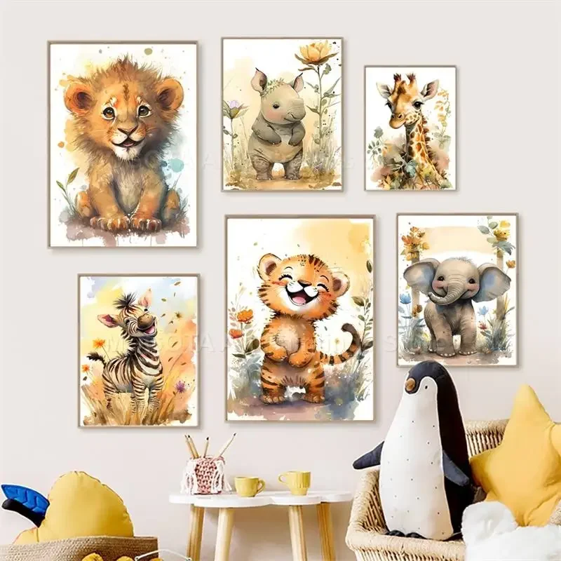 Baby Nursery Pictures - Akwarelowe Lwy Żyrafy Tygrysy Słonie Zebry