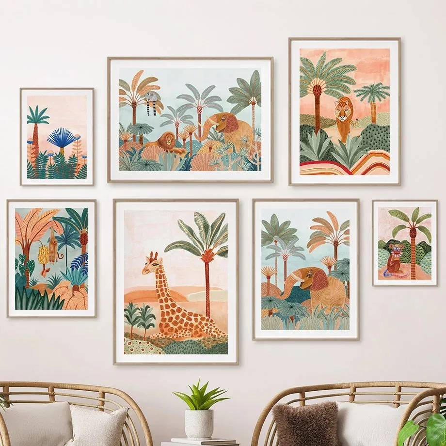 Baby Nursery Jungle - Boho Dżungla Zwierzęta Tygrys Małpa Żyrafa