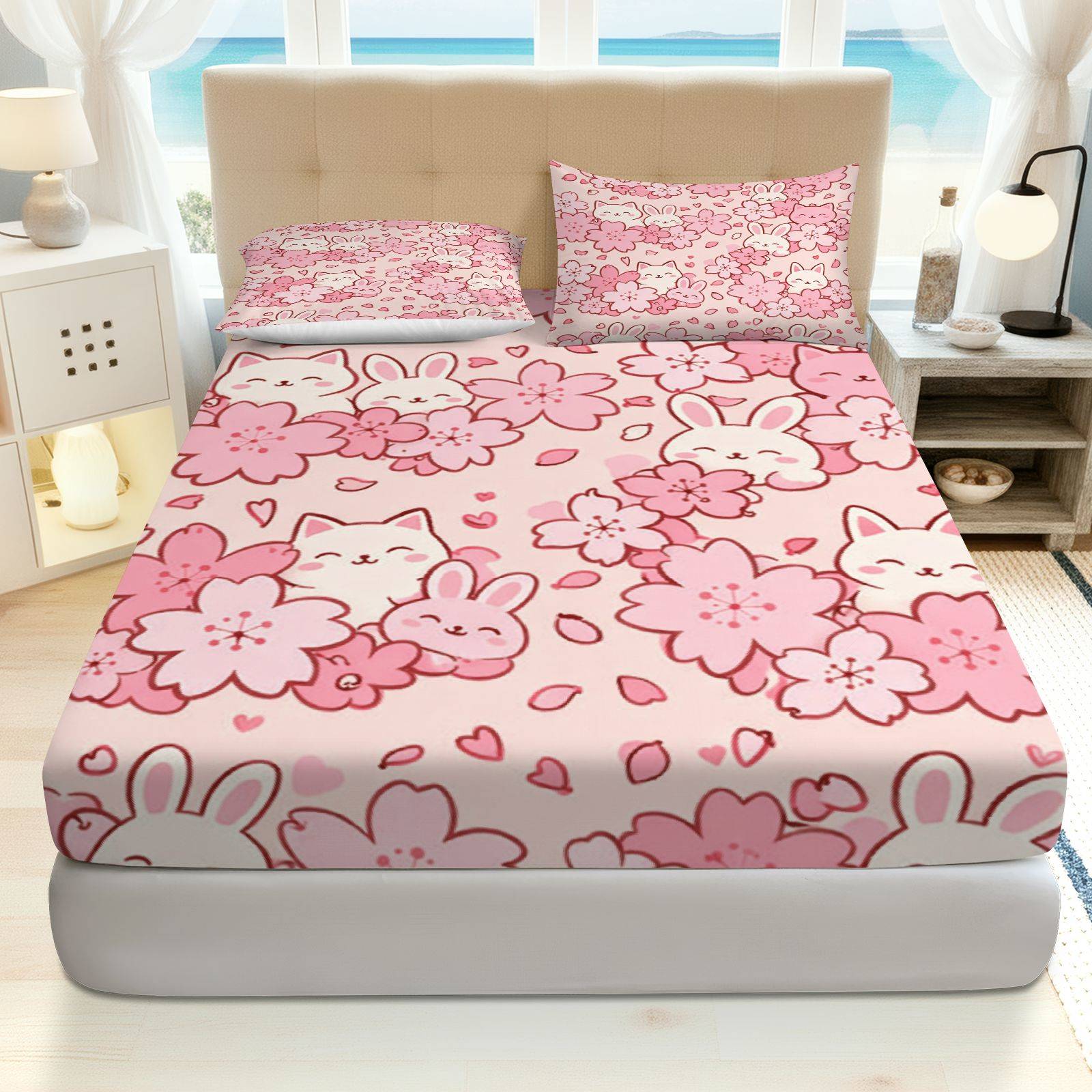 Baby Nursery Bedding - Zestaw pościeli Sakura Rabbit Cat, oddychający