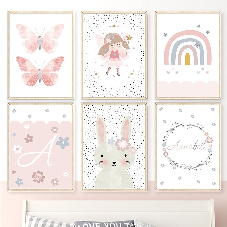 Baby Nursery Pictures - Urocza Dziewczynka Królik Kwiat Motyl Tęcza