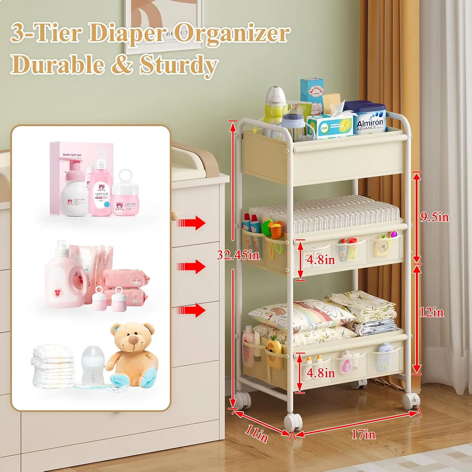 3-poziomowy wózek na pieluchy  – Baby Nursery Cart recenzja i cena